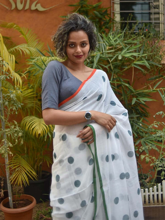White Polka Dot Saree with Tricolor Border – Elegant Republic Day Look-28481988395089