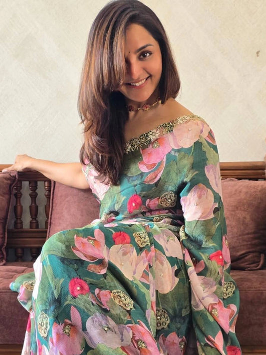 Manju Inspired Lightweight Floral Print Saree with Delicate Embroidery and Pink Blouse