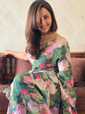 Manju Inspired Lightweight Floral Print Saree with Delicate Embroidery and Pink Blouse