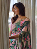 Manju Inspired Lightweight Floral Print Saree with Delicate Embroidery and Pink Blouse