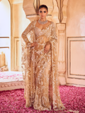 Bollywood Inspired Embroidered Golden Net Saree With Jhalar Border