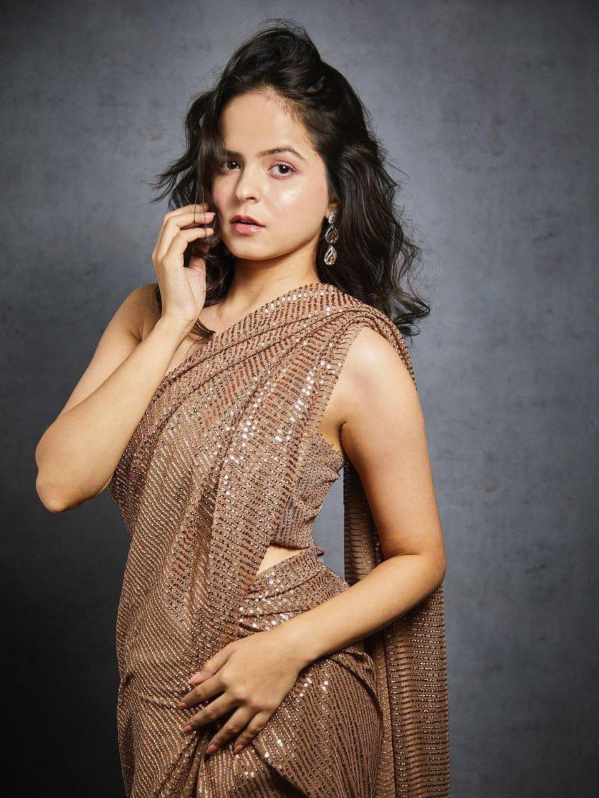 Palak-Inspired Glamorous Chocolate Brown Sequin Saree-67289636634705