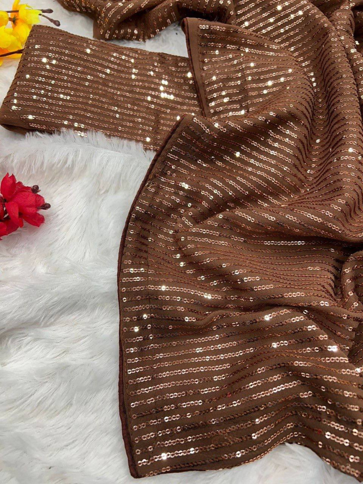 Palak-Inspired Glamorous Chocolate Brown Sequin Saree-67289636733009