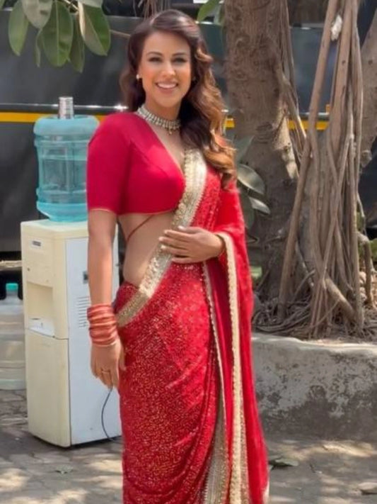 Nia Inspired Red Sequins Saree With Red Embroidered Blouse-67345987928145