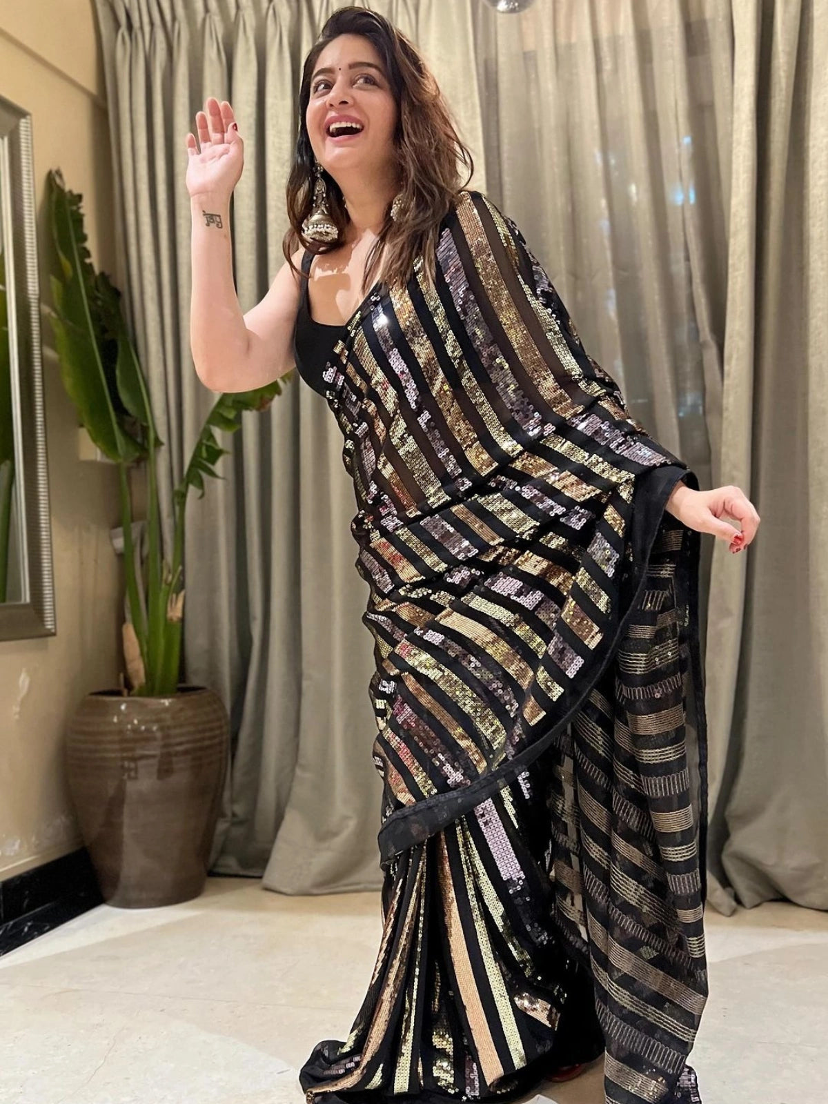 Bollywood-Inspired Black Sequin Saree with Metallic Stripes-67373631766609