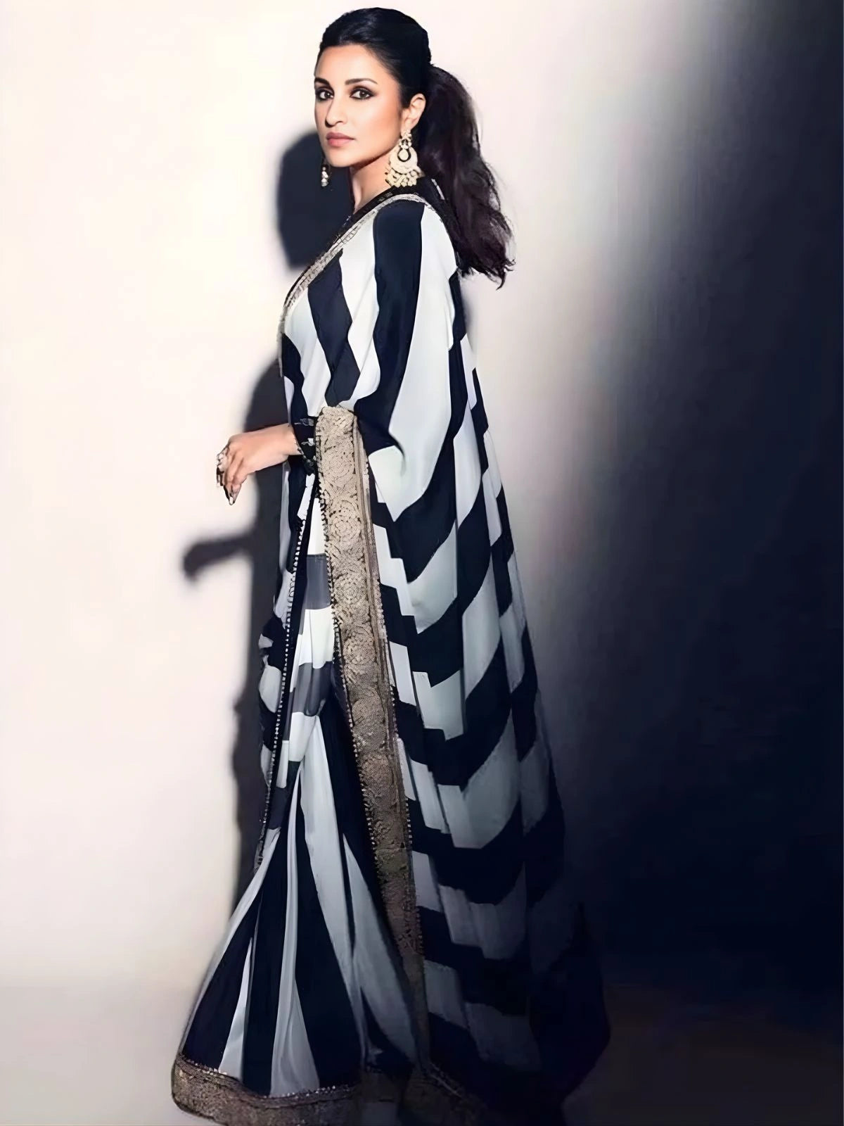 Parineeti Inspired Black & White Striped Printed Georgette Saree-70455571644497