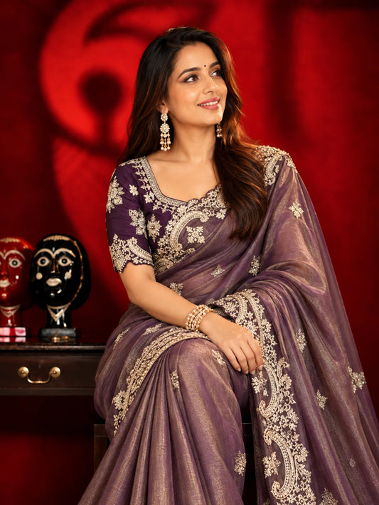 Copper Gold Sequence Embroidery Silk Blend Saree-73996476842065