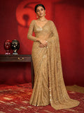 Bollywood Inspired Embroidered Golden Net Saree With Coin Lace