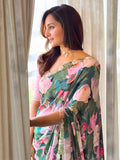 Manju Inspired Lightweight Floral Print Saree with Delicate Embroidery and Pink Blouse