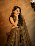 Bollywood Inspired Gold Saree with Black & Gold Embroidery and Unstitched Blouse