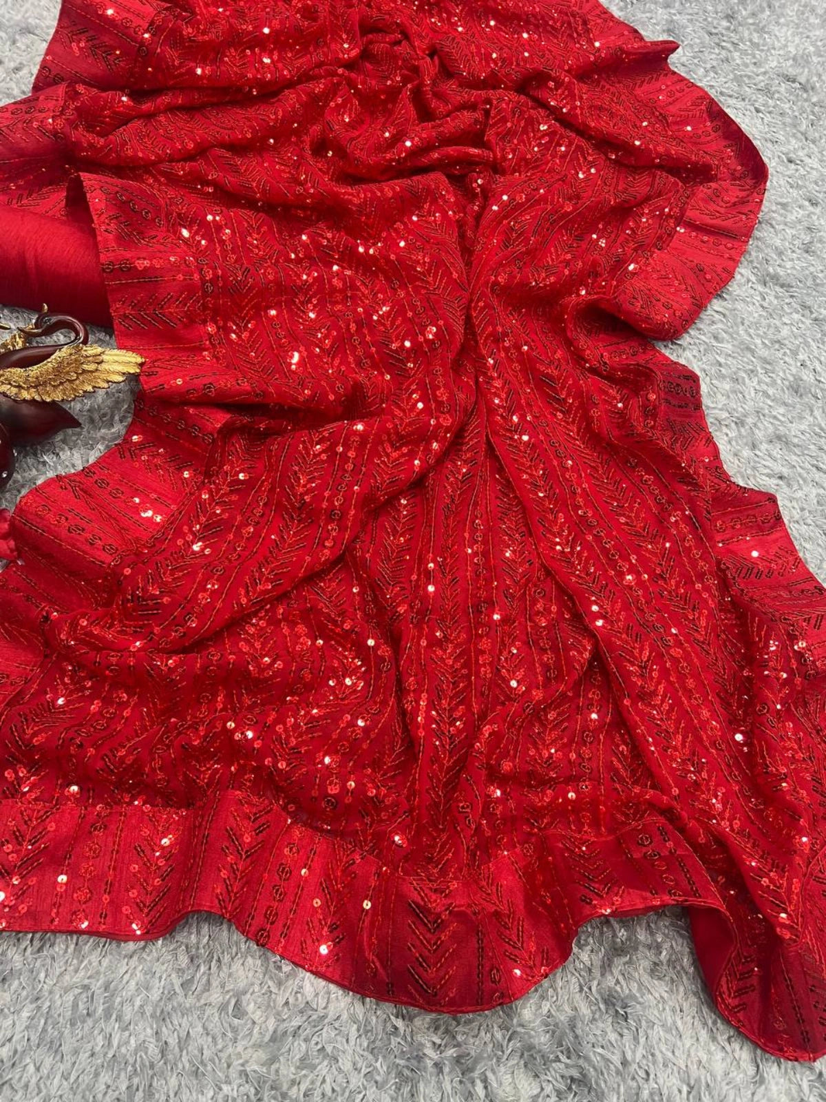 Bollywood Inspired Red Georgette Saree with All Over Sequin Embroidery-67587313107025