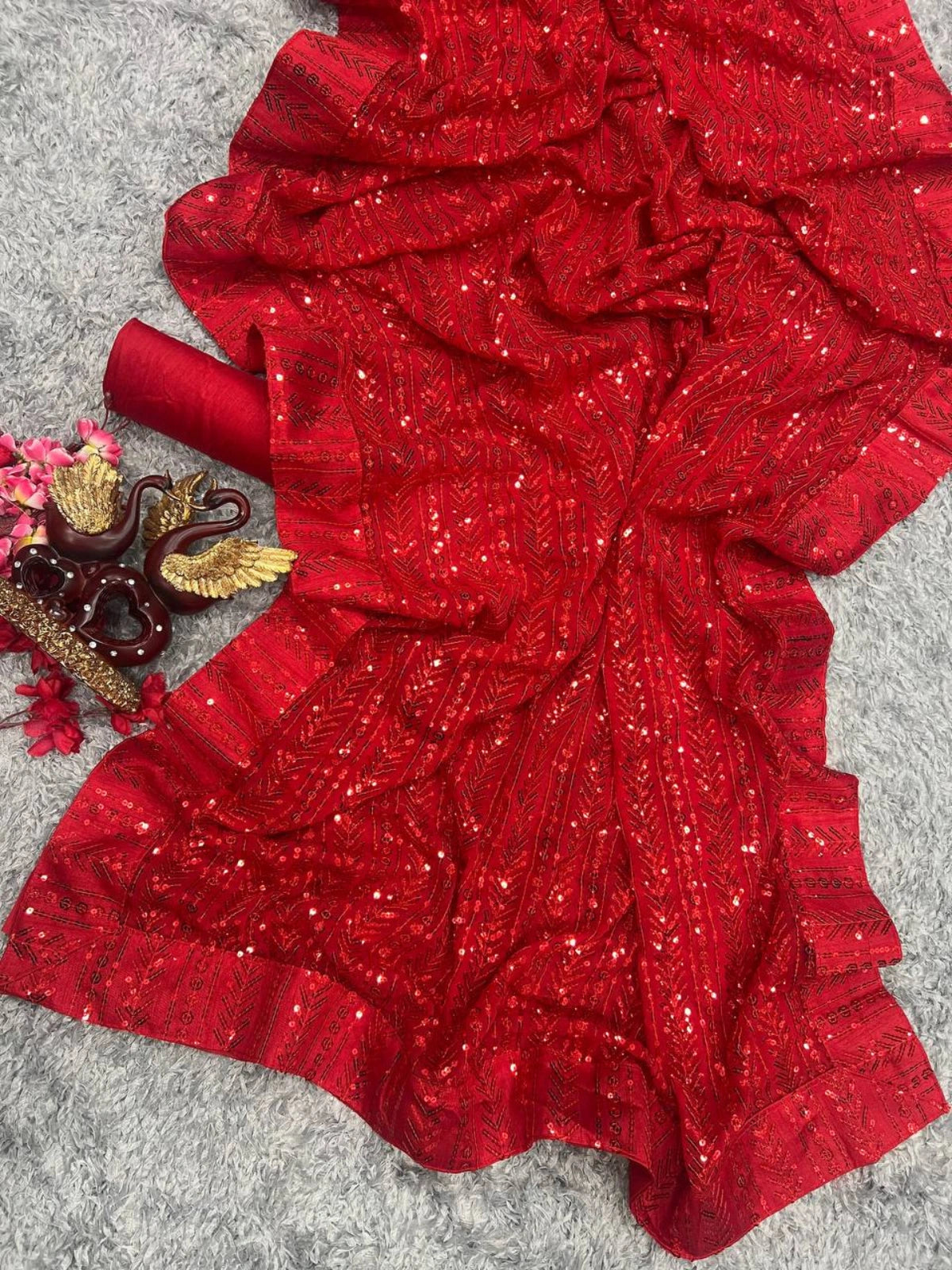 Bollywood Inspired Red Georgette Saree with All Over Sequin Embroidery-67587313139793