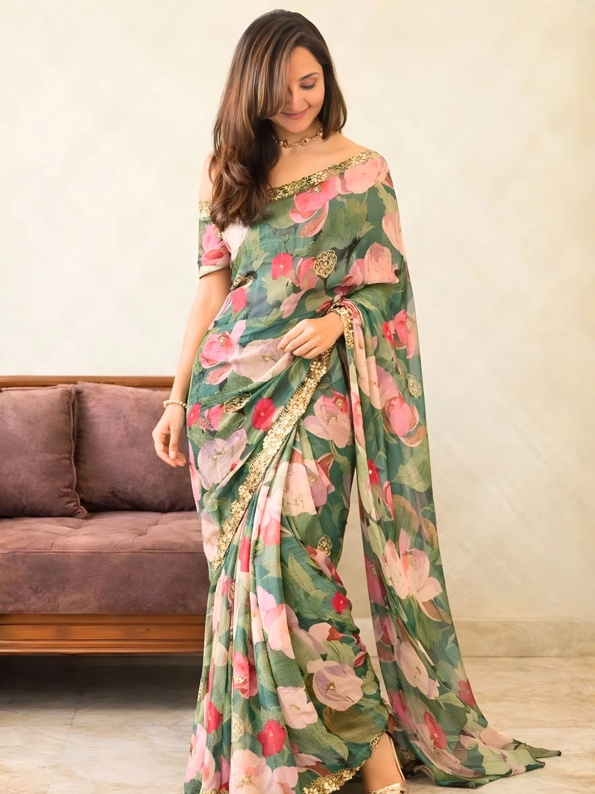 Manju Inspired Lightweight Floral Print Saree with Delicate Embroidery and Pink Blouse-70454661480529