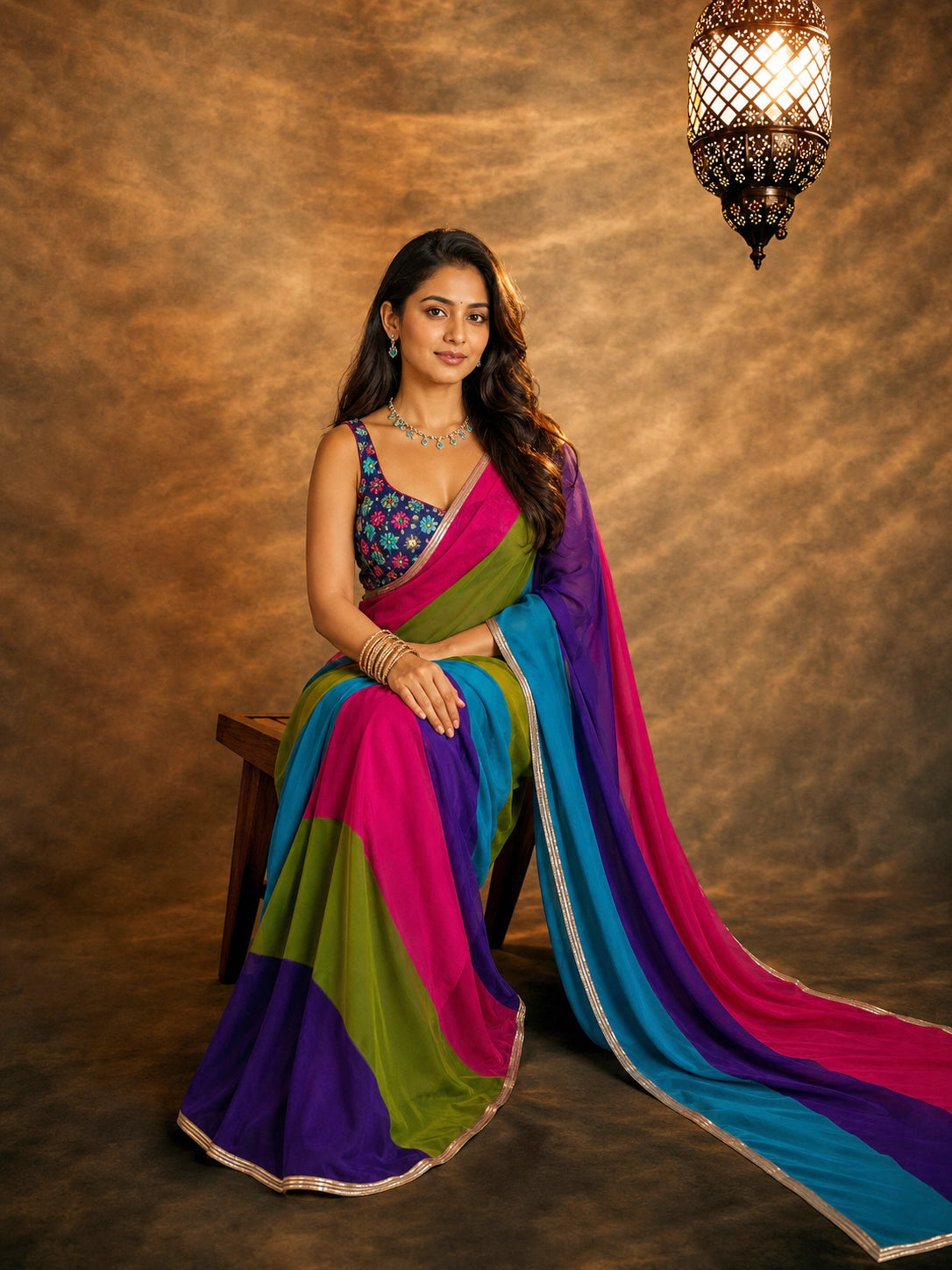 Alia Inspired Multicolor Georgette Saree with Golden Border-71985411391569