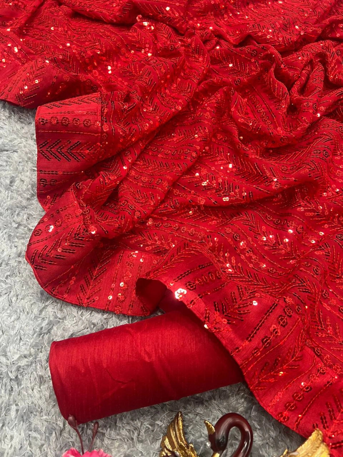Bollywood Inspired Red Georgette Saree with All Over Sequin Embroidery-67587313172561
