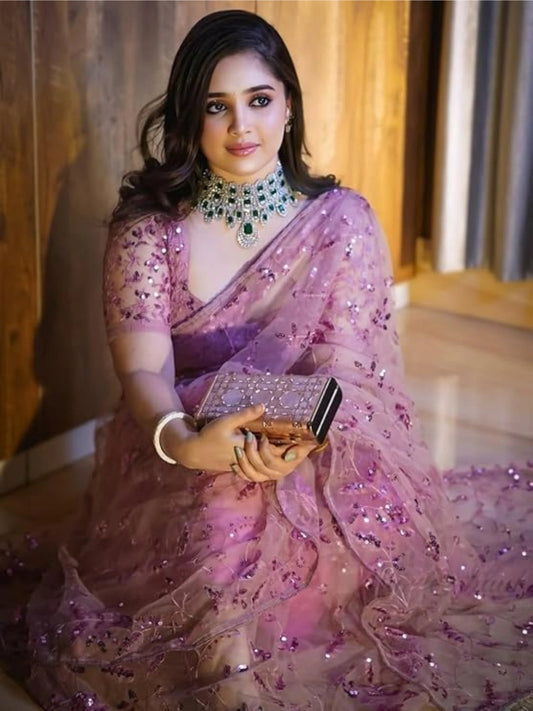 Bollywood Inspired Sequins Designer Pink Net Saree-70724410638417