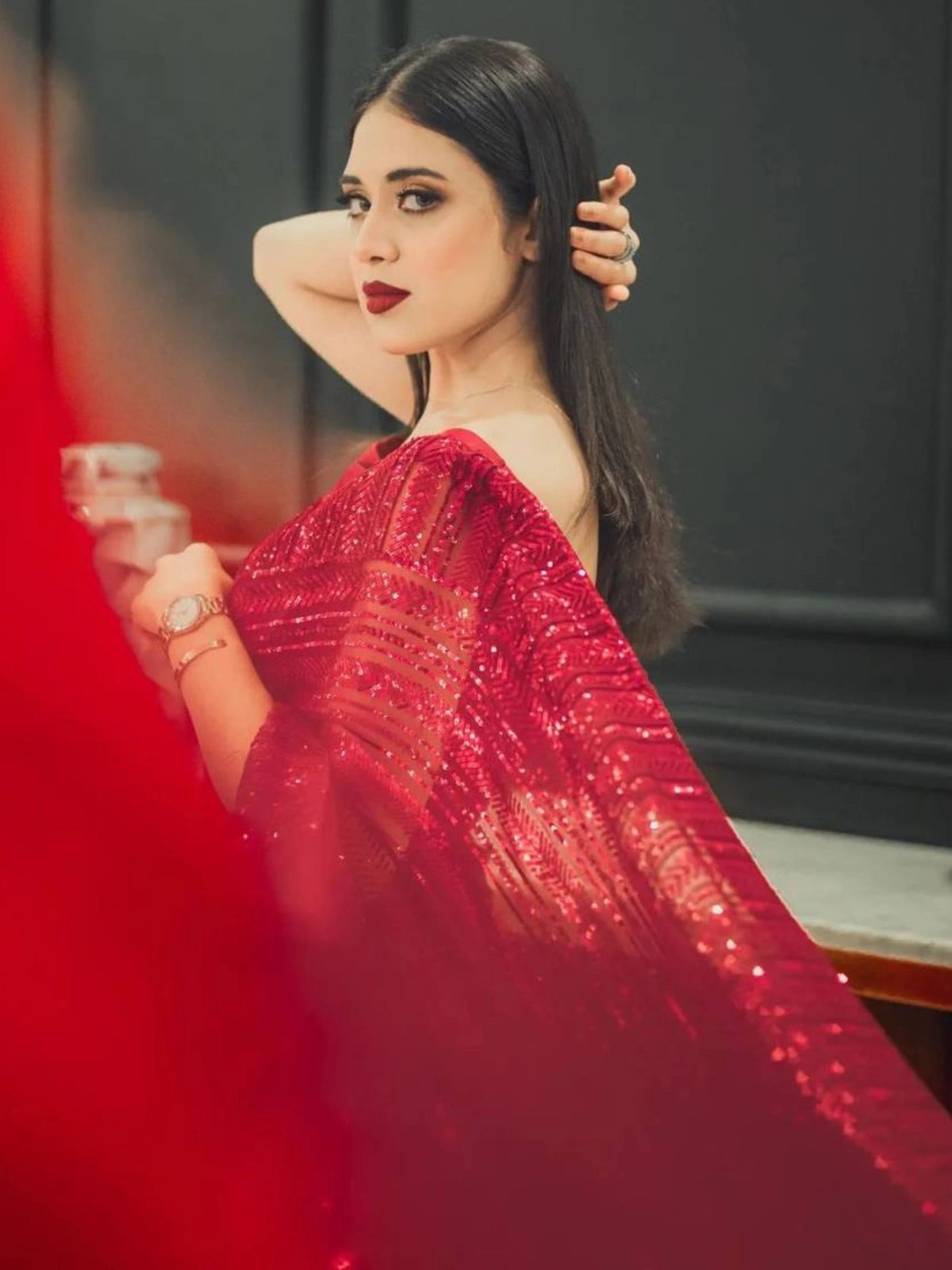 Bollywood Inspired Red Georgette Saree with All Over Sequin Embroidery-67587313270865