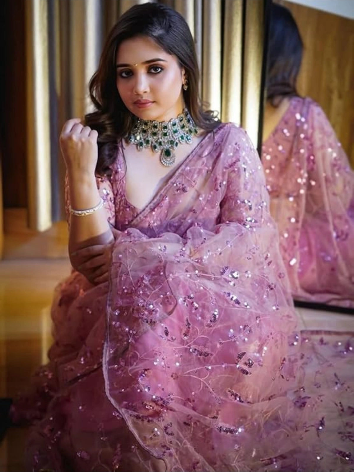 Bollywood Inspired Sequins Designer Pink Net Saree-70724410703953
