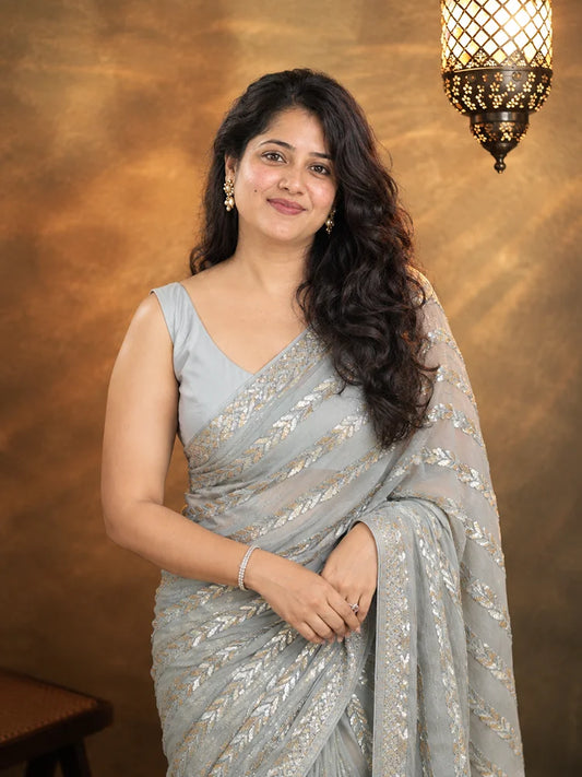 Bollywood Inspired Metallic Grey Georgette Saree with Sequins-73704512651345