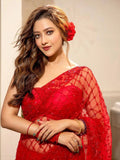 Bollywood-Inspired Red Net Saree with Sequins and Embroidery