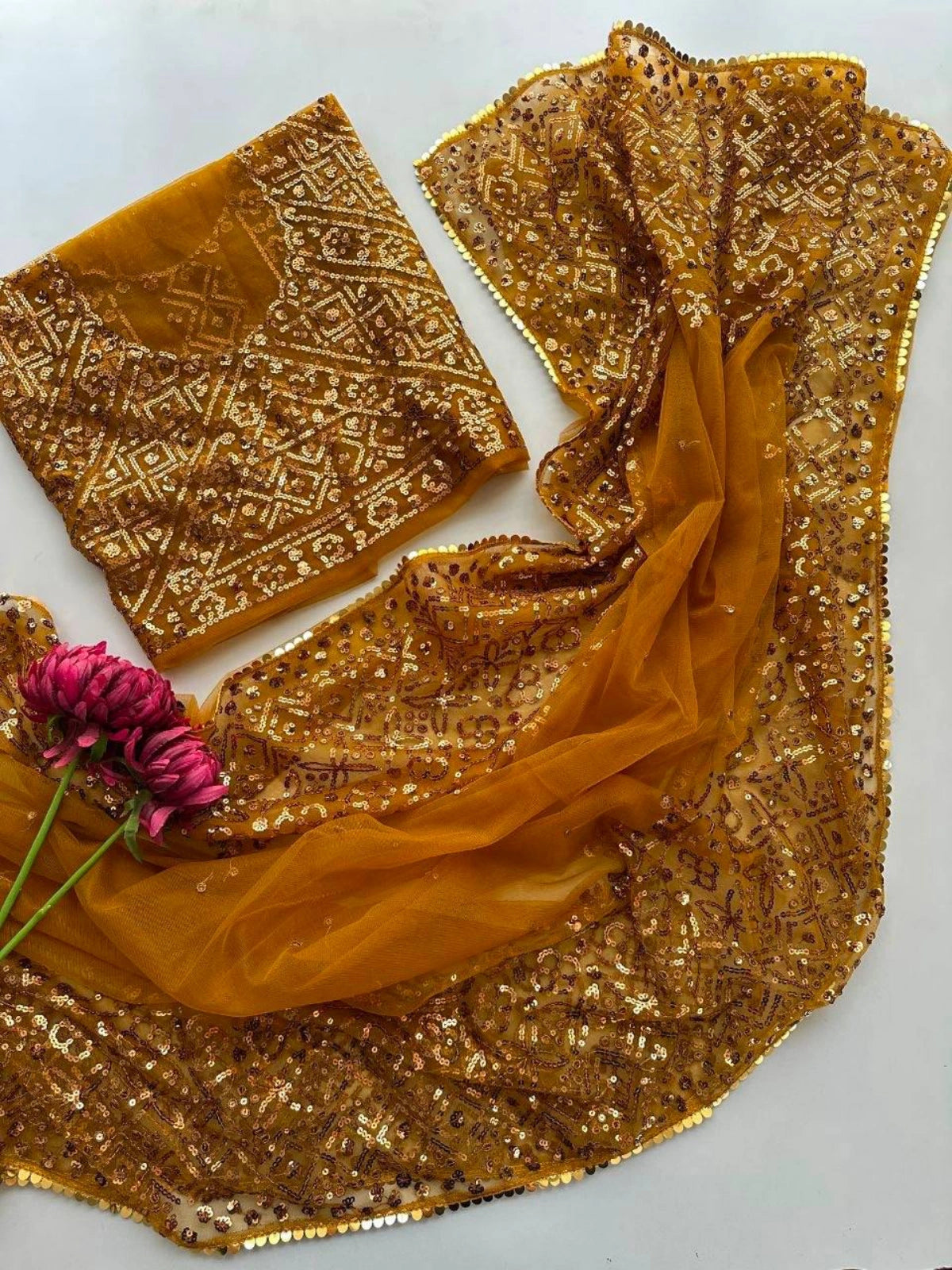 Bollywood Inspired Golden Soft Net Sequin Work Saree-71826345459793