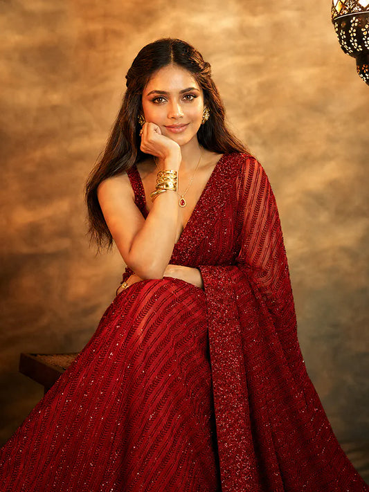 Bollywood Inspired Red Sequin Saree with Lace Border & Heavy Sequin Blouse-71929825755217