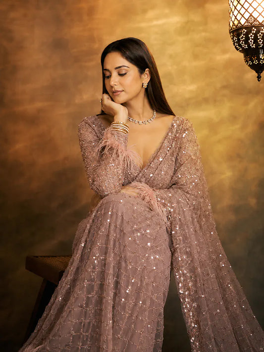 Bollywood-Inspired Onion Net Saree with Sequins and Embroidery-71938961014865