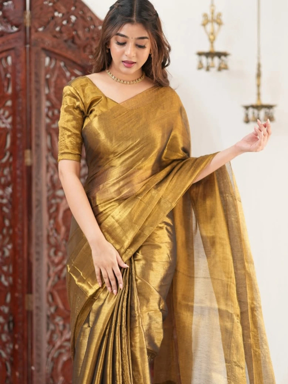 Bollywood Inspired Golden Plain Linen Saree-70318404599889