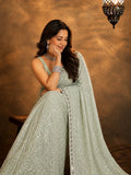 Bollywood Inspired Georgette Pista Green Saree Full Sequins Embroidery with Cutwork Lace