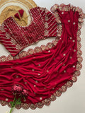 Bollywood Inspired Maroon Mirror Work Saree with Matching Blouse Piece