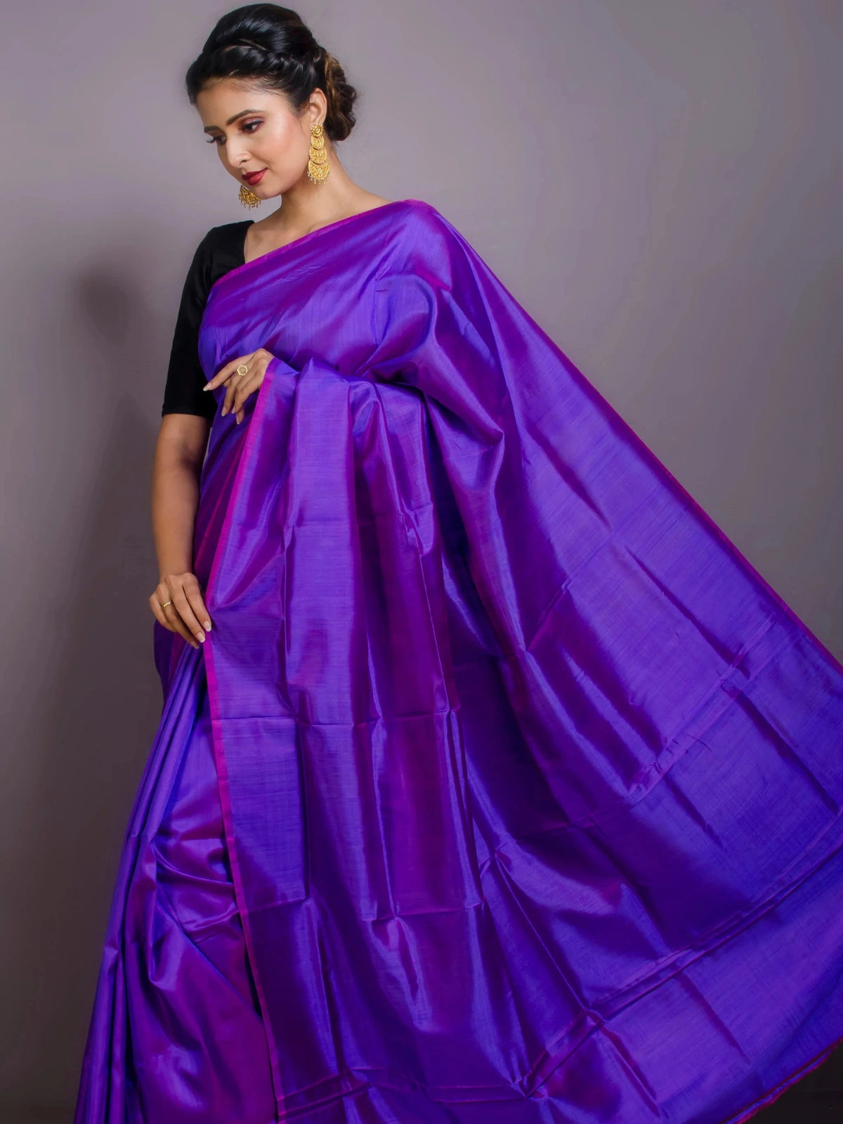 Bollywood Inspired Purple Plain Linen Saree-70318439137361