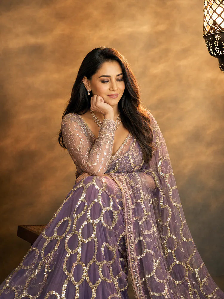 Bollywood-Inspired Purple Sequin & Bead Soft Net Saree with Unstitched Blouse-71938971697233