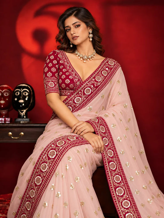 Soft Pink Saree with Delicate Golden Motifs and Embroidered Maroon Border-74268090400849