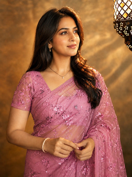 Bollywood Inspired Sequins Designer Pink Net Saree-71987441696849