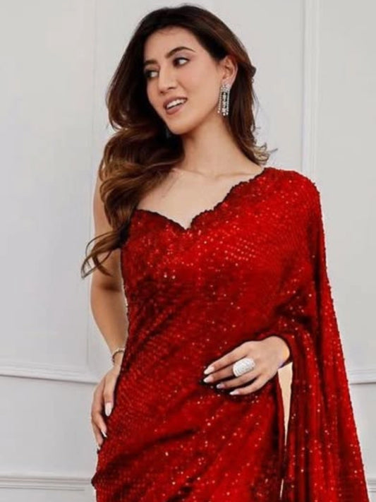 Bollywood Inspired Heavy Red Georgette Saree with Sequin Cutwork Border-70541302562897