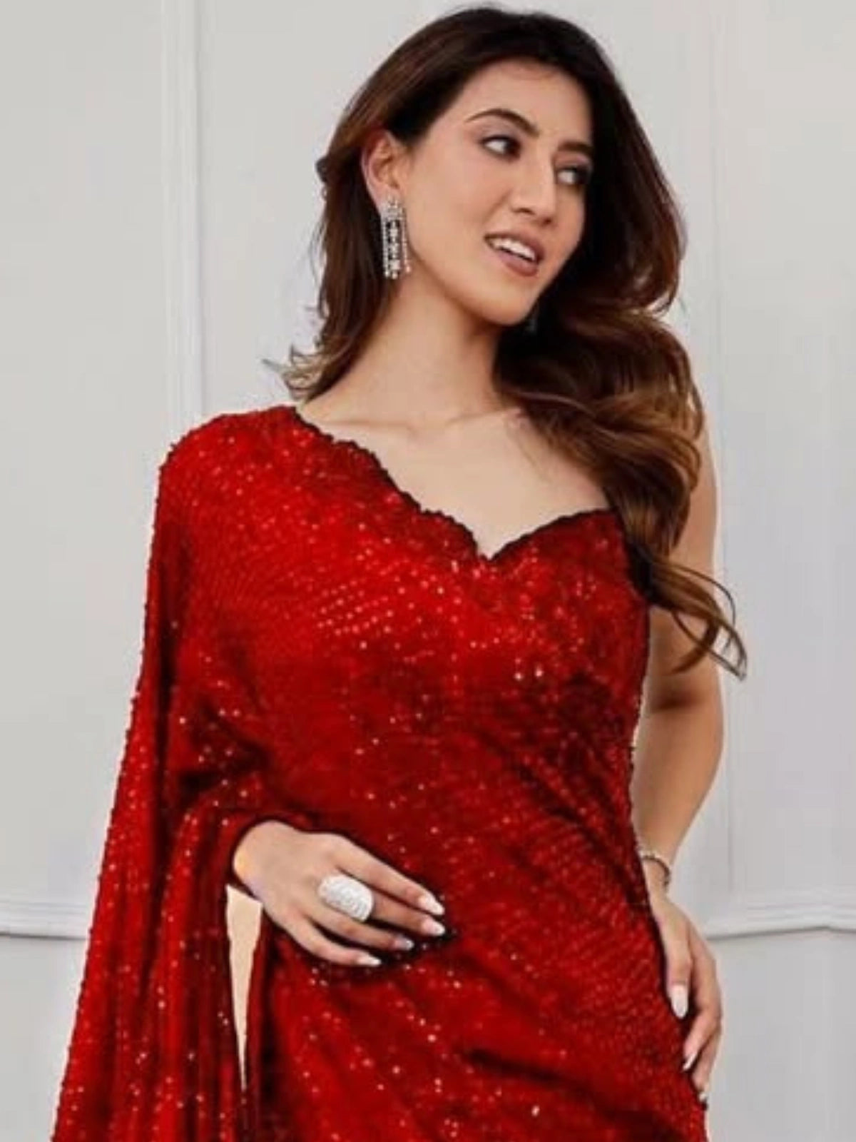 Bollywood Inspired Heavy Red Georgette Saree with Sequin Cutwork Border-70541302628433