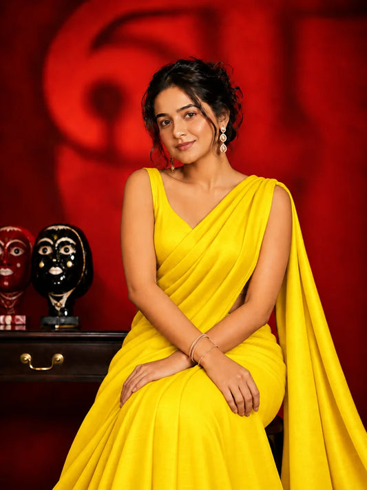Yellow Plain Linen Saree-73996678135889
