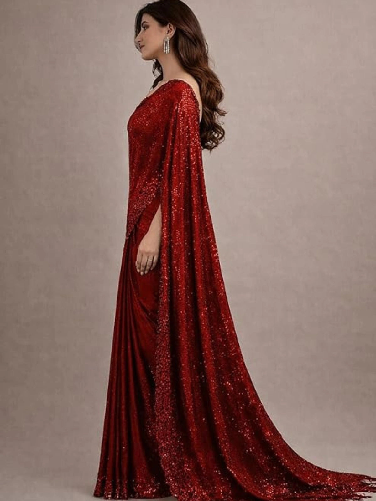 Bollywood Inspired Heavy Red Georgette Saree with Sequin Cutwork Border-70541302759505