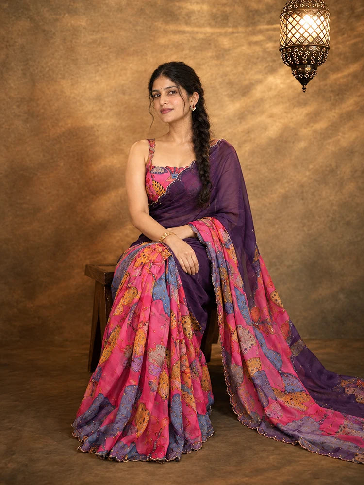 Multi-Color Tebby Silk Saree with Delicate Pearl Work Border-74265156747345