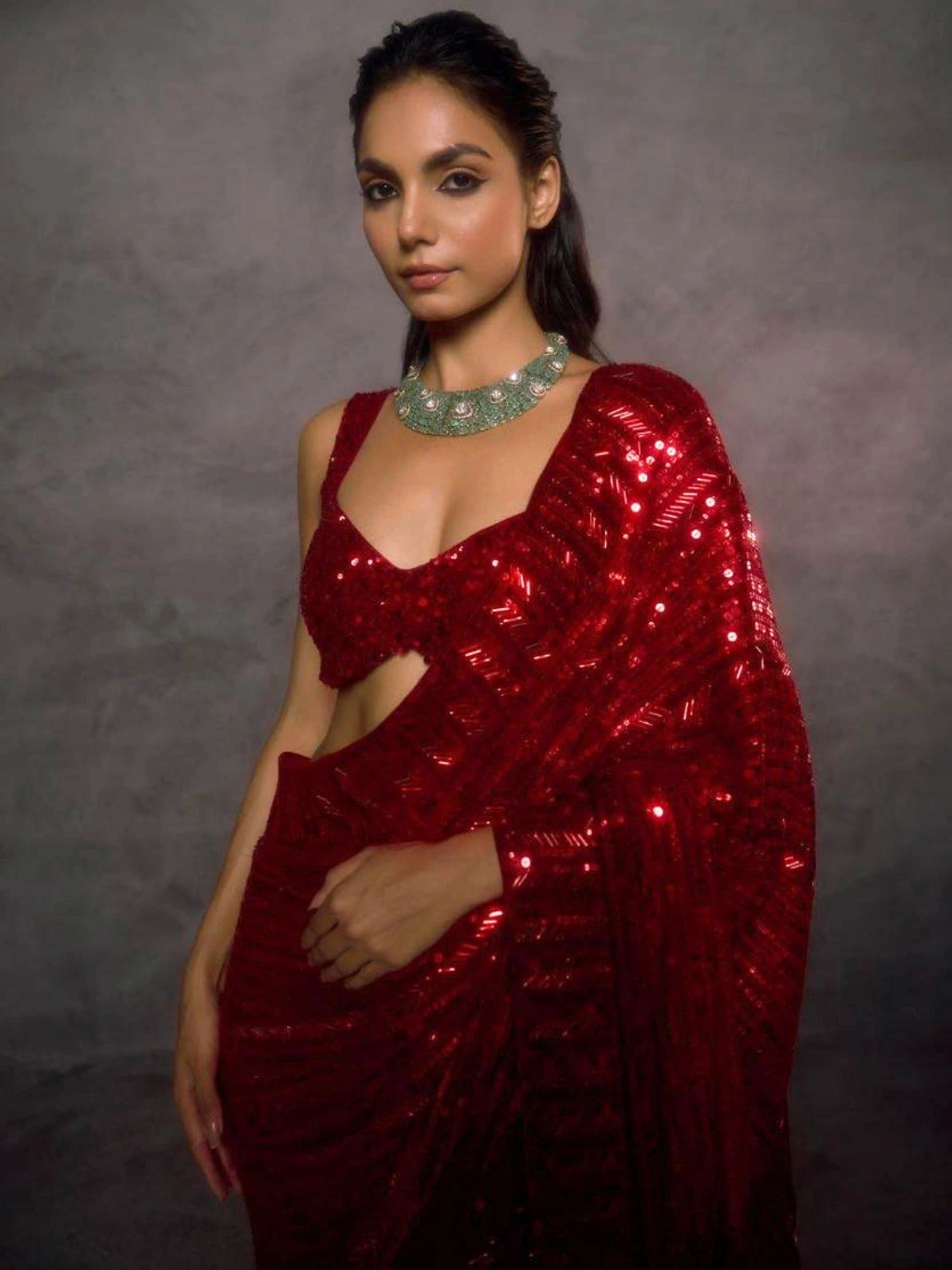 Red Sequin Saree with Lace Border and Sequin Blouse-71826999607377