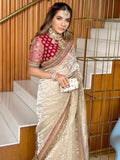 Sonam Inspired Off-White Twill Net Saree with Red & Gold Embroidery