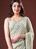 Bollywood Inspired Georgette Pista Green Saree Full Sequins Embroidery with Cutwork Lace