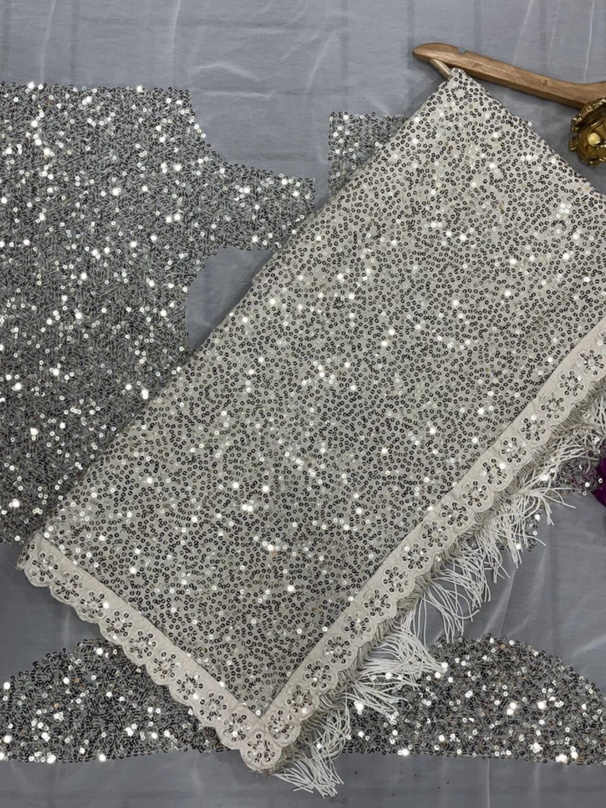 Deepika Inspired Georgette Gold Saree Full Sequins Embroidery with Cutwork Lace & Jhalar Border-70359898259537