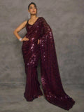 Bollywood Inspired Wine Saree with Lace Border & Heavy Sequin Embroidered Blouse