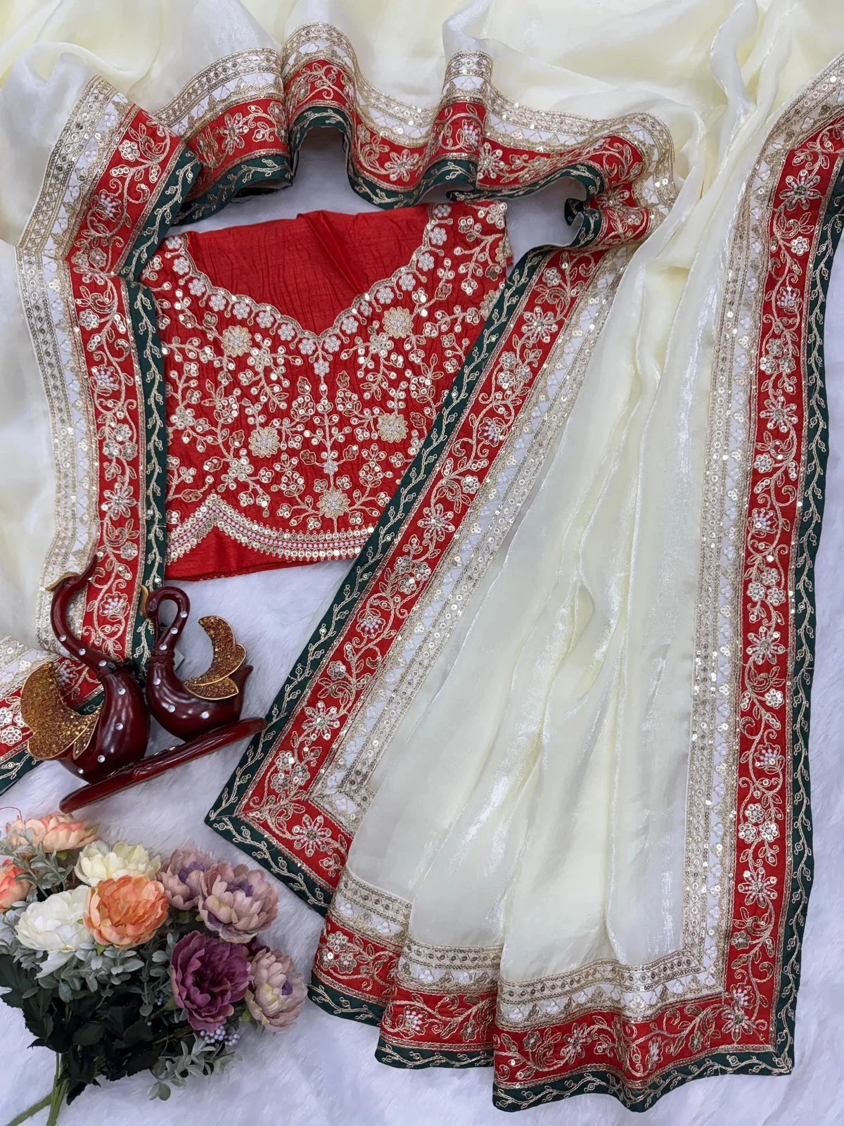 Bollywood Inspired Off-White Space Silk Saree with Delicate Embroidery-67827733659729