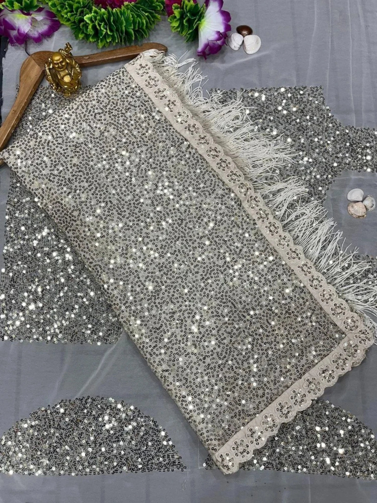 Deepika Inspired Georgette Gold Saree Full Sequins Embroidery with Cutwork Lace & Jhalar Border-70359898292305