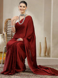 Bollywood Style Maroon Satin Saree with Unstitched Matching Blouse Piece