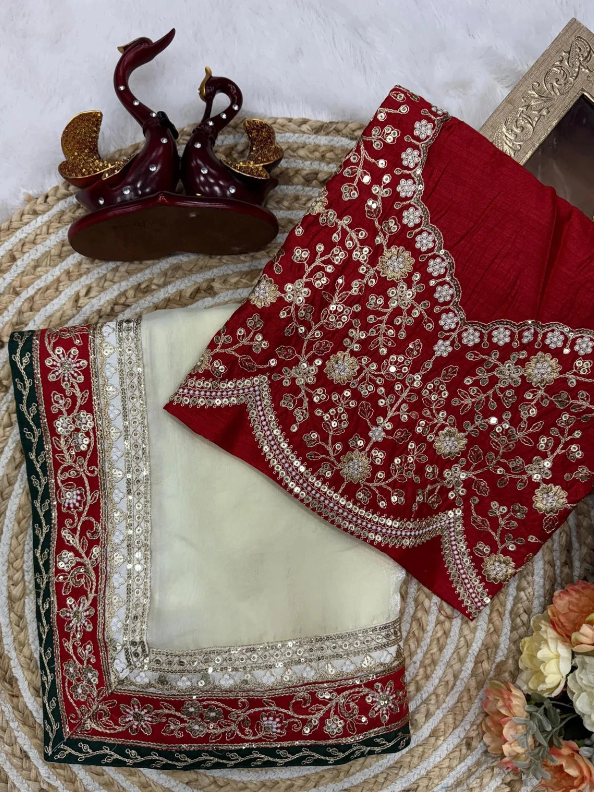 Bollywood Inspired Off-White Space Silk Saree with Delicate Embroidery-67827733692497