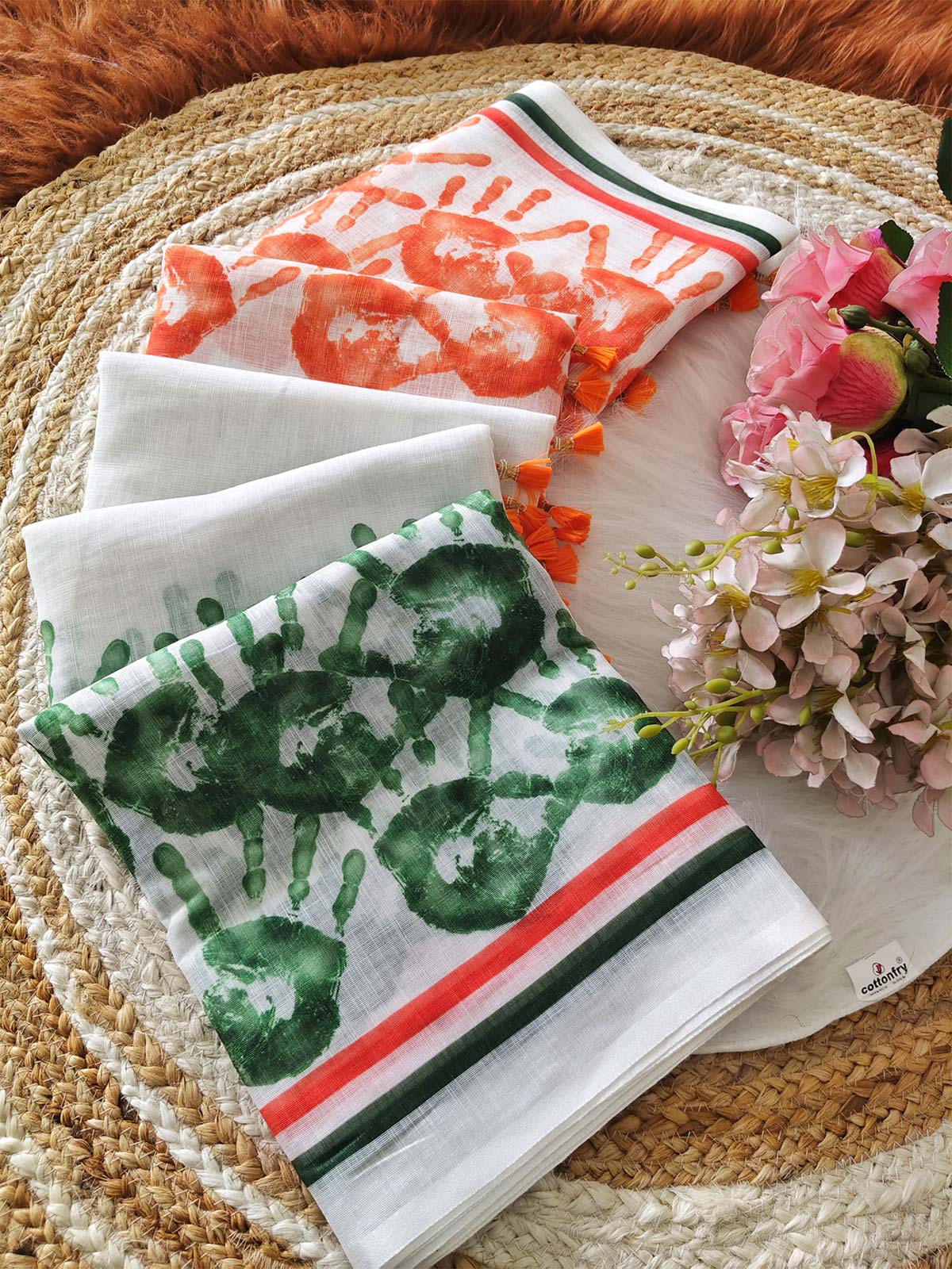 Handprint Tricolor Cotton Saree – Artistic Republic Day Edition-28482017230929