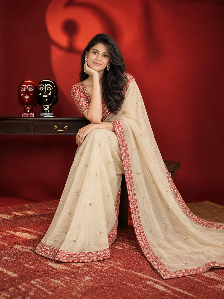 Soft Tissue Organza Saree with Gold Dori Work and Contrast Blouse-73653922398289